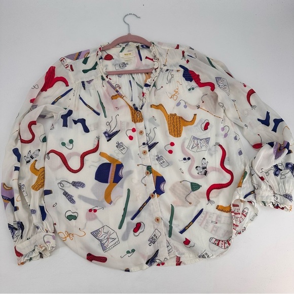 Anthropologie Maeve Marisol Ruffled Blouse Size 6 Winter Ski Print - Picture 2 of 5